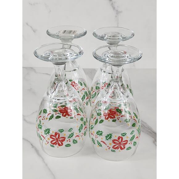 Libbey Christmas Holly and Ribbon Water Goblets 16oz Holiday 80s x4 Made in USA - Picture 8 of 12